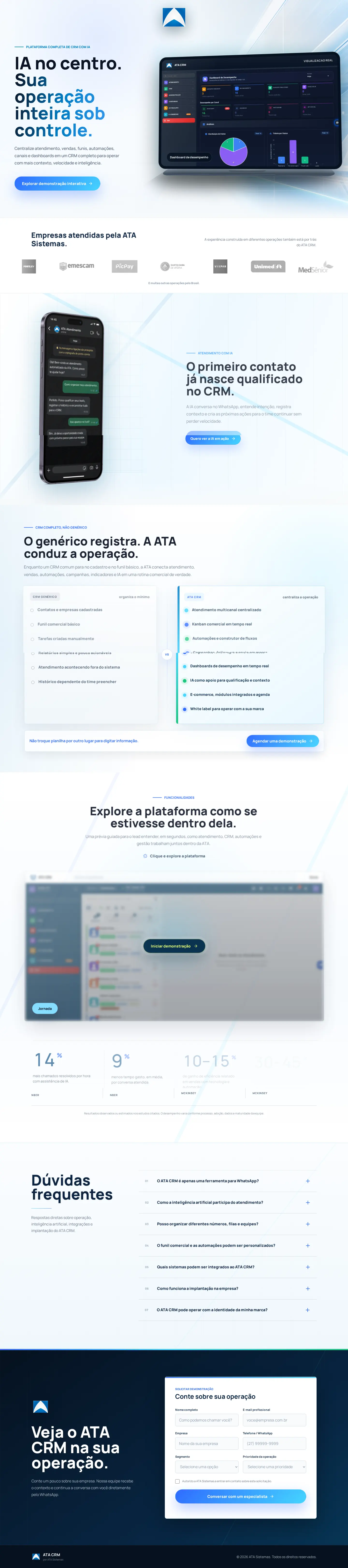 Landing page real do ATA CRM exibida em um notebook